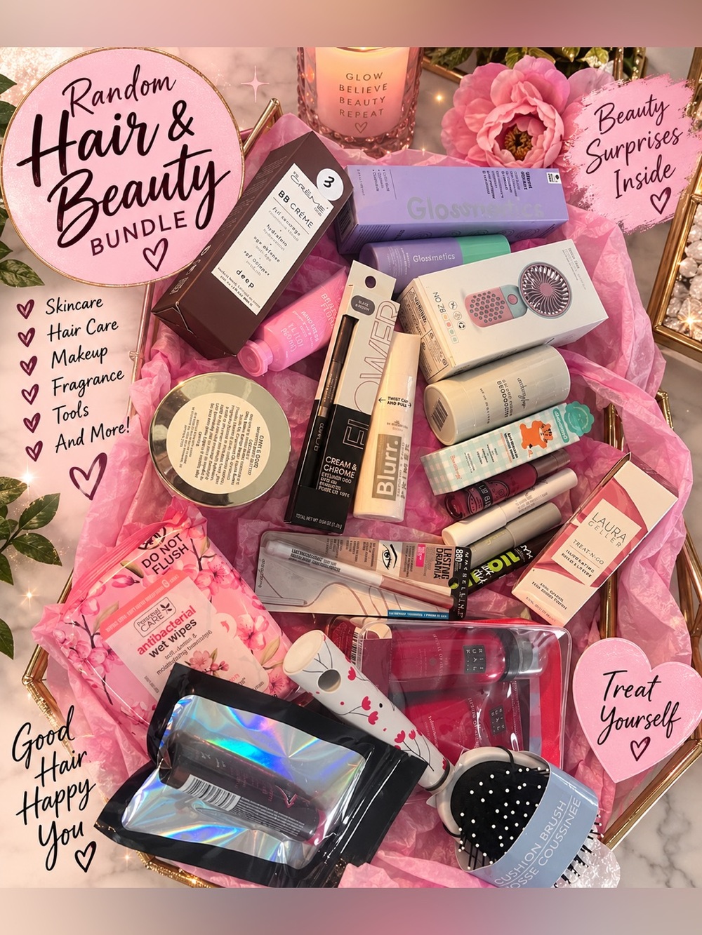 Random Hair & Beauty Bundle - Assorted Pink Makeup & Tools